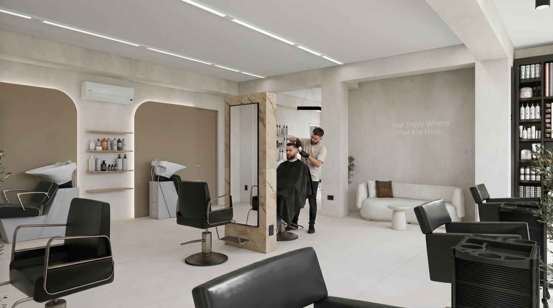 Interior barbershop A2 Beauty Atelier — spațiu modern cu coloană marmurată