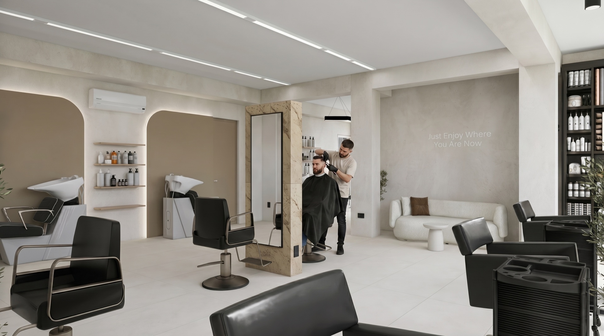 Interior barbershop A2 Beauty Atelier — spațiu modern cu coloană marmurată