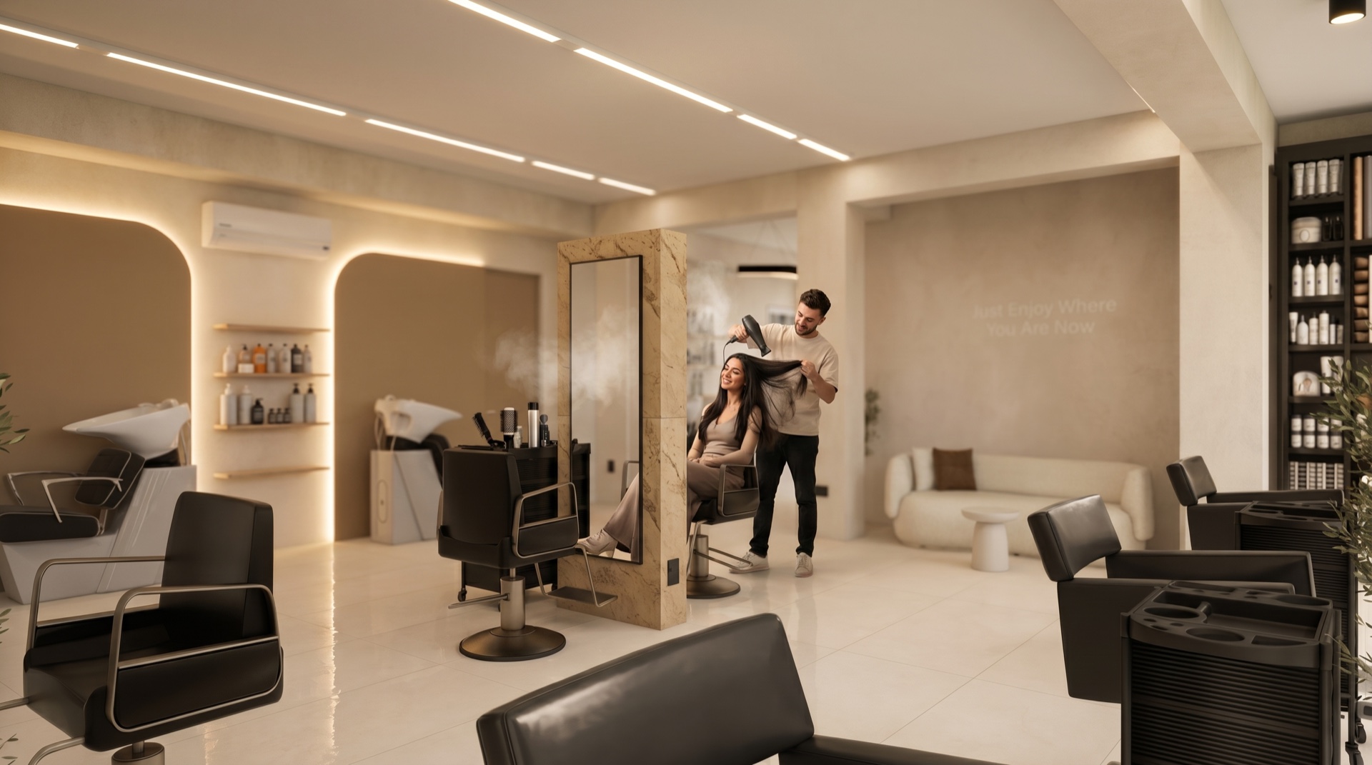 Interior salon coafor A2 Beauty Atelier — iluminare naturală, atmosferă premium